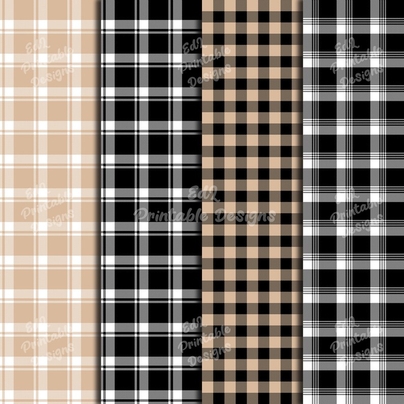 Beige and Black Buffalo Plaid Digital Paper, Printable Tartan Background Papers, Lumberjack Scrapbook Papers, Seamless Gingham Set Of 24
