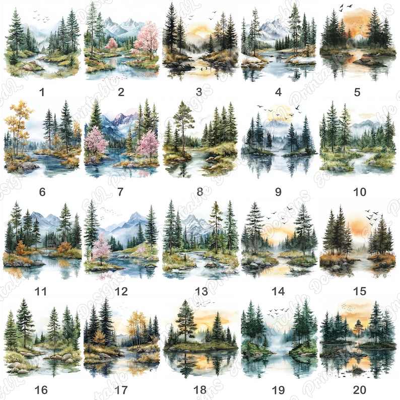 20 Lake Landscape Clip Art, Watercolor River View Printable Images, Forest Landscape Digital Download, Nature Scrapbooking Paper Crafts JPG