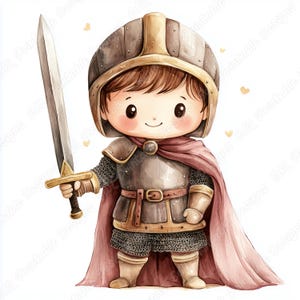 Może przedstawiać: Akwarelowa ilustracja młodego rycerza w pełnej zbroi, trzymającego miecz. Rycerz ma brązowy hełm, kolczugę i czerwony płaszcz. Obraz ma miękki, fantazyjny styl z białym tłem i małymi złotymi sercami.