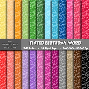 Tinted Birthday Word Digital Paper, Party Paper Printable Background, Kids Happy Birthday Scrapbook Paper, 12x12 Paper, Seamless Pattern Set