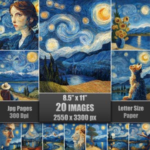 Könnte beinhalten: Eine Sammlung von 20 digitalen Bildern, die vom Stil von Vincent van Gogh inspiriert sind. Die Bilder umfassen Porträts, Landschaften und Stillleben, alle mit wirbelnden Pinselstrichen und leuchtenden Farben. Die Bilder sind 21,59 cm x 27,94 cm und 2550 x 3300 px groß.