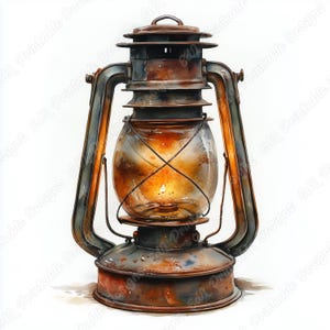 May include: Watercolor illustration of a vintage lantern with a rusty, aged appearance. The lantern features a glass globe, a handle, and a top, all rendered in shades of brown, gray, and orange. The lantern is a decorative item.