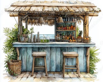 Tropisk strandbar Clipart, Hawaii Cocktail Illustration (JPG Bundle)