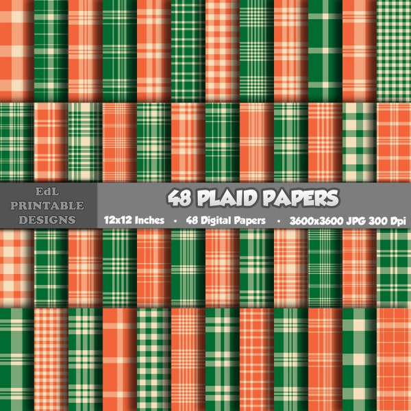 Saint Patricks Day Plaid Digital Papers, Green And Orange Color Tartan Printable Background, Gingham Scottish Scrapbook Seamless Patterns