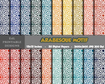 Puede incluir: Veinte papeles digitales con un motivo de arabesco blanco sobre una variedad de fondos de colores. Los papeles miden 12x12 pulgadas y 3600x3600 píxeles, 300 DPI.