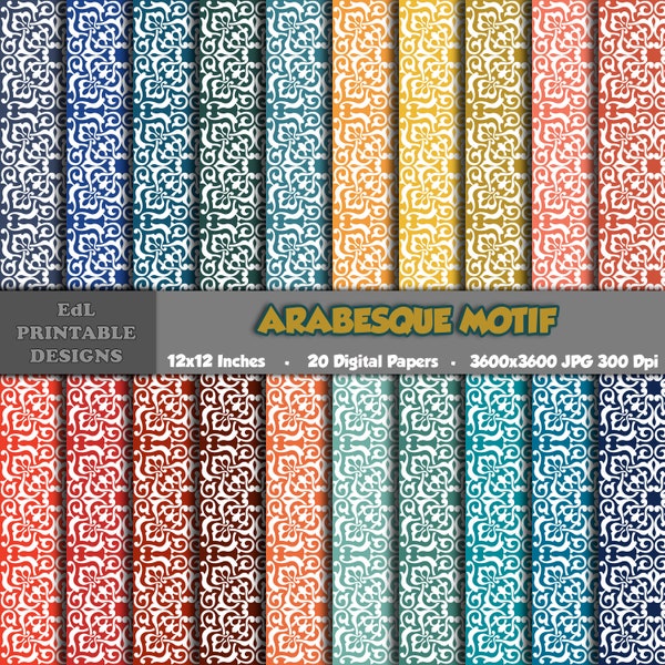 Arabesque Motif Digital Paper, Moroccan Printable Background, Traditional Scrapbook Papers, 12x12 Ethnic Paper, Seamless Pattern Set Of 20