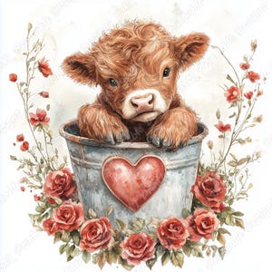 20 Valentines Day Highland Cow Clip Art, Highland Calf Printable Images, Baby Farm Animal Digital Download, Scrapbooking Paper Craft JPG Set