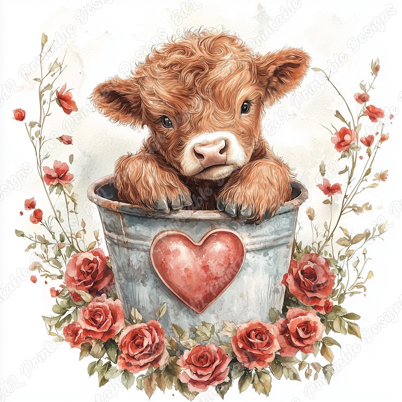 20 Valentines Day Highland Cow Clip Art, Highland Calf Printable Images, Baby Farm Animal Digital Download, Scrapbooking Paper Craft JPG Set