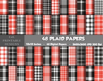 Cyfrowy papier w kratkę czerwono-czarną, tartan, flanela, szkocki, kratka gingham, bezszwowy wzór (do pobrania w wersji cyfrowej)
