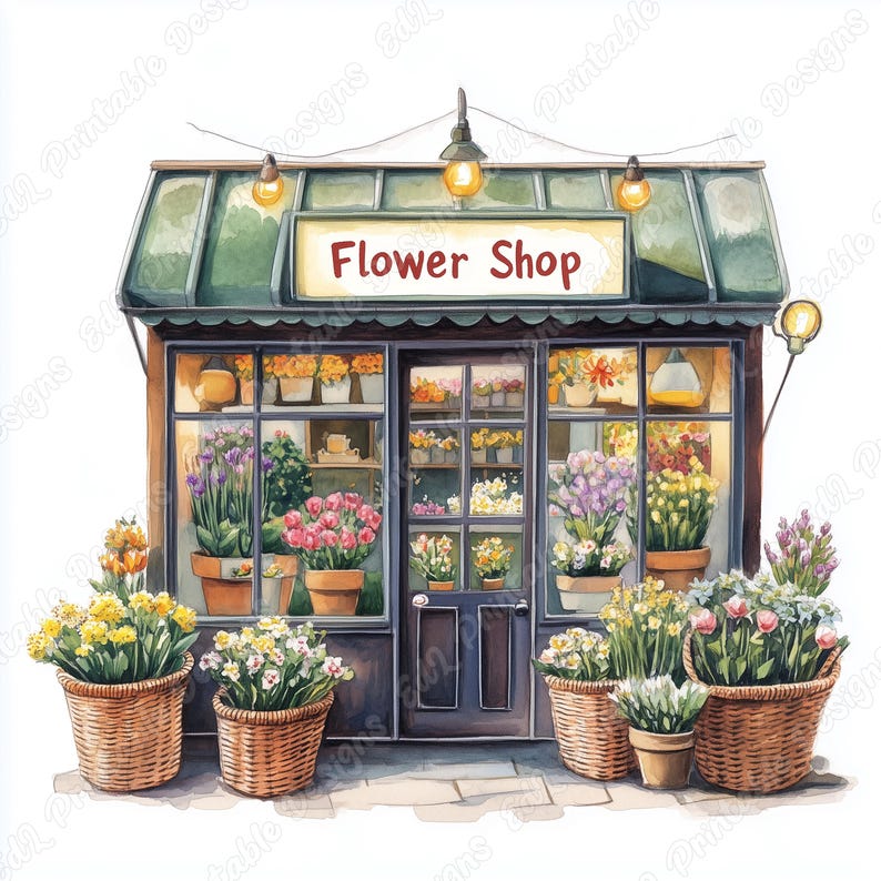 20 Cute Flower Shop Clip Art, Vintage Flower Shop Printable Image, Watercolor Storefront Digital Download, Scrapbooking Paper Crafts JPG Set