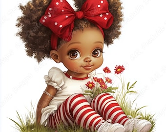 African American Baby Girl Clipart, Whimsical Black Kid JPG Set (Digital Download)