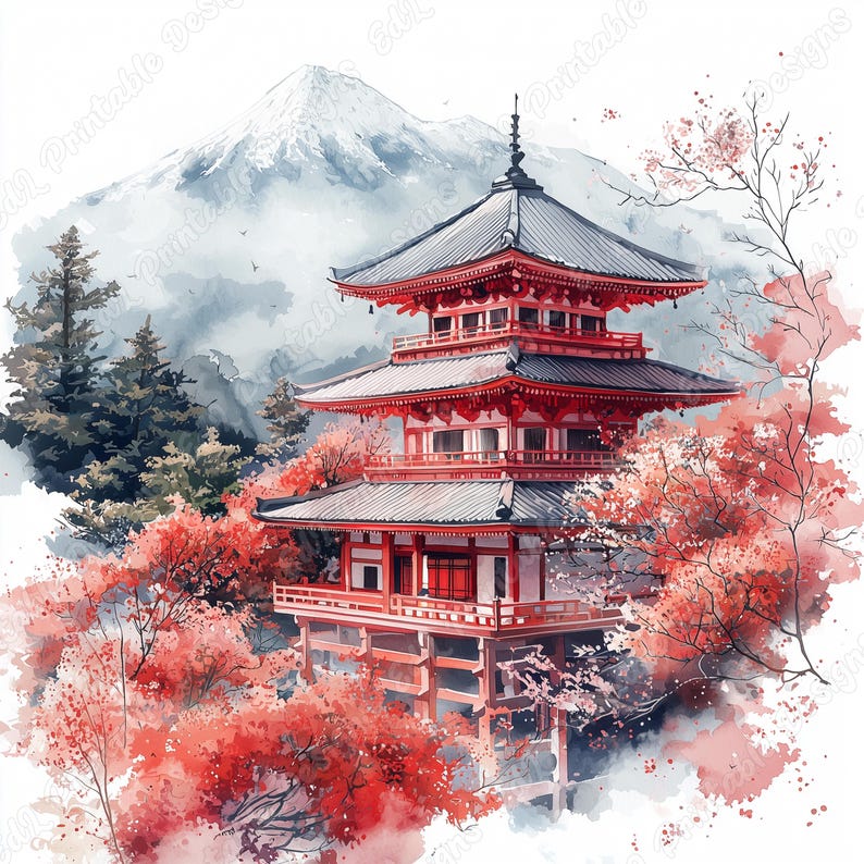 20 Japanese Temple Clip Art, Asian Architecture Printable Images, Digital Download, Watercolor Landscape Scrapbooking Paper Craft JPG Bundle