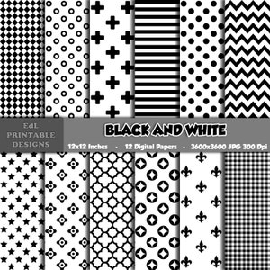 72 Black and White Digital Paper Pack. Patterns, Scrapbooking Pages. B&W  Background, Bundle Scrapbook Sheets. Printable. Commercial Use. 