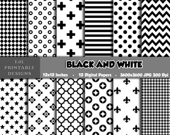 Black and White Digital Paper Pack, Modern Minimalistic Scrapbook Patterns (Digital Download)