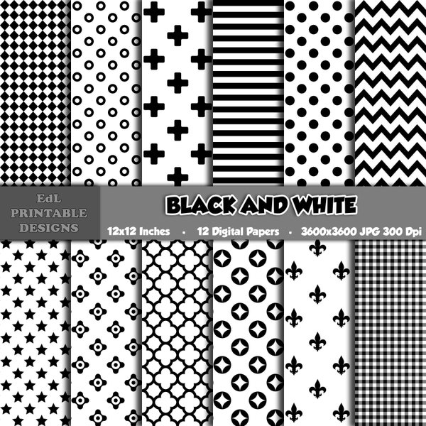 Black and White Digital Paper Pack, Dark Printable Background, Minimalistic Scrapbook Papers, 12x12 Modern Paper, Seamless Repeated Patterns