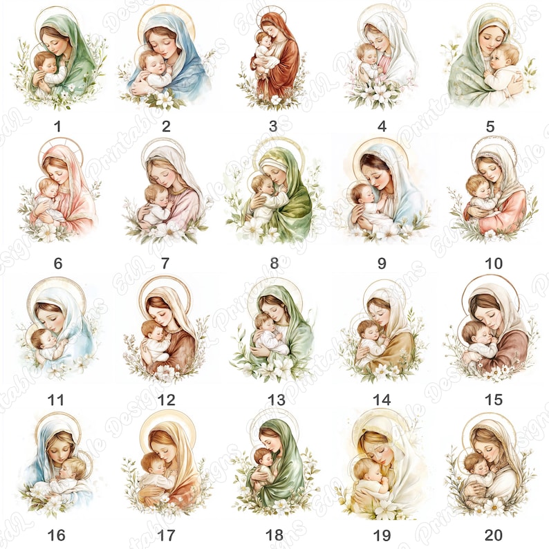 20 Virgin Mary with Baby Jesus Clip Art, Christmas Nativity Printable Images, Catholic Digital Download, Holy Scrapbooking Paper Crafts JPG
