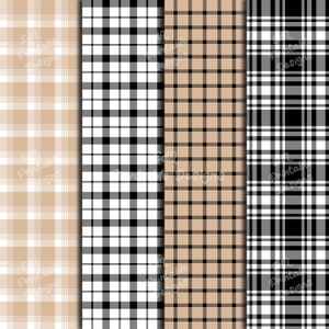 Beige and Black Buffalo Plaid Digital Paper, Printable Tartan Background Papers, Lumberjack Scrapbook Papers, Seamless Gingham Set Of 24