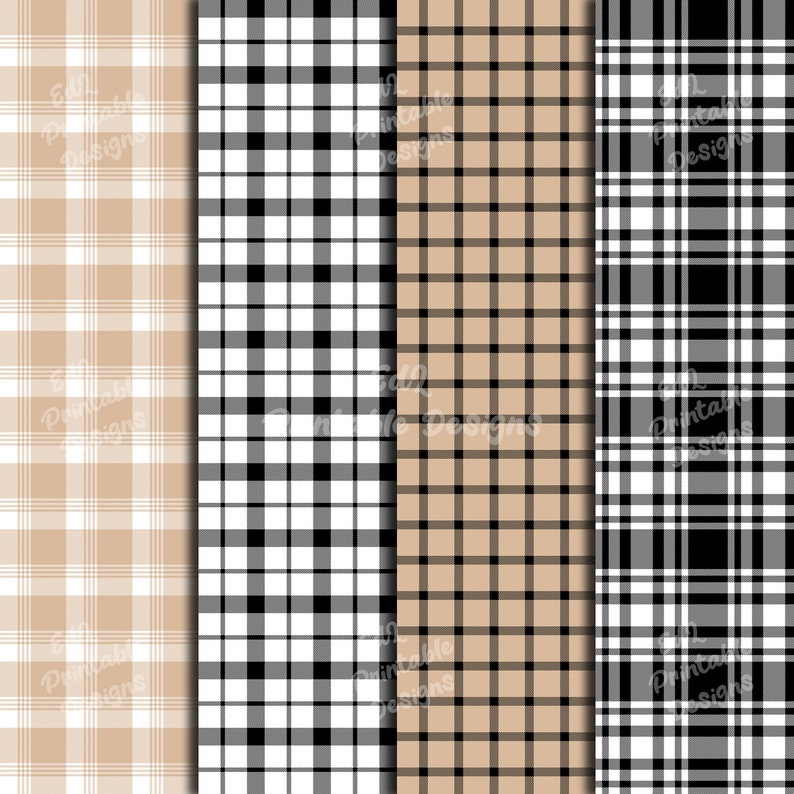 Beige and Black Buffalo Plaid Digital Paper, Printable Tartan Background Papers, Lumberjack Scrapbook Papers, Seamless Gingham Set Of 24