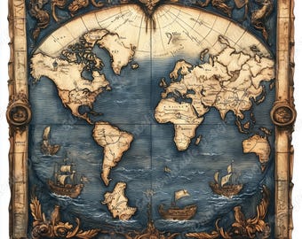 Vintage World Map Clip Art, Antique Printable Images (Digital Download)