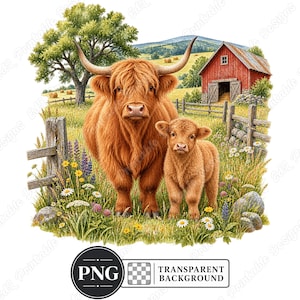 Höglandsko PNG Clipart, akvarell landsbygdsscener med bondgård (digital nedladdning)