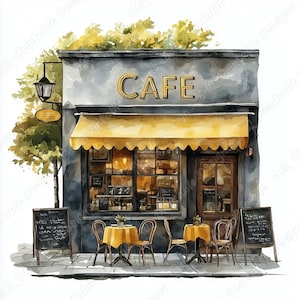 20 Aquarell Cafe Clip Art, gemütliches französisches Cafe druckbare Bilder, Pariser Straßencafe digitaler Download, Schaufenster Scrapbooking Papierhandwerk JPG
