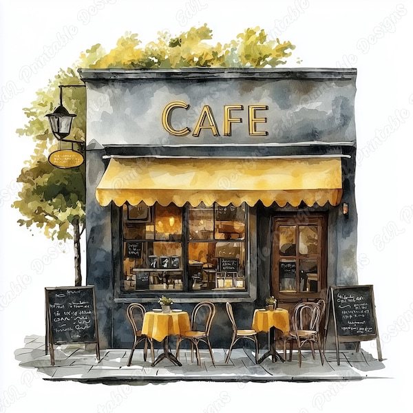 Watercolor French Cafe Clipart, Paris Street Scene, Scrapbook Paper (JPG Digital Download)