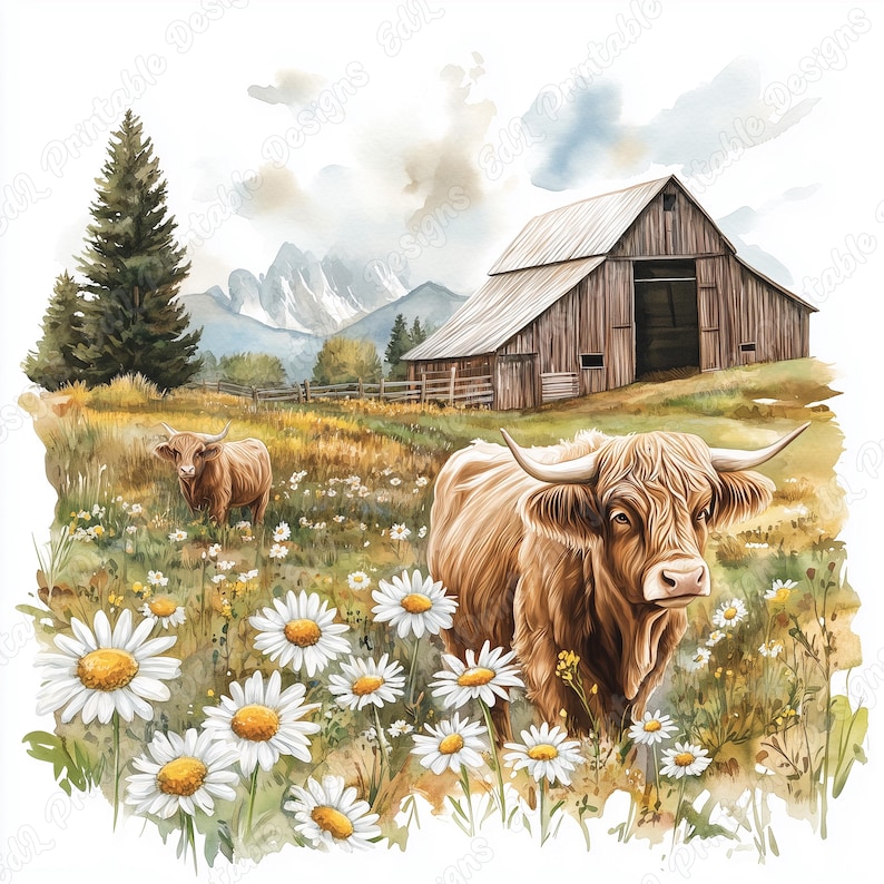 20 Highland Cow Farm Clip Art, Watercolor Calf Printable Image, Farm Animal Digital Download, Baby Highland Cow Scrapbooking Paper Craft JPG