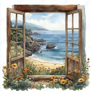Puede incluir: Pintura a la acuarela de una ventana de madera abierta con vistas a una escena costera. La vista incluye una playa de arena, una costa rocosa y un mar azul bajo un cielo parcialmente nublado. Flores amarillas y vegetación enmarcan la ventana.