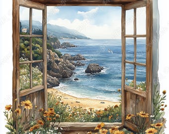 Ocean View Window Clip Art, Beach Scenery (JPG Digital Download)