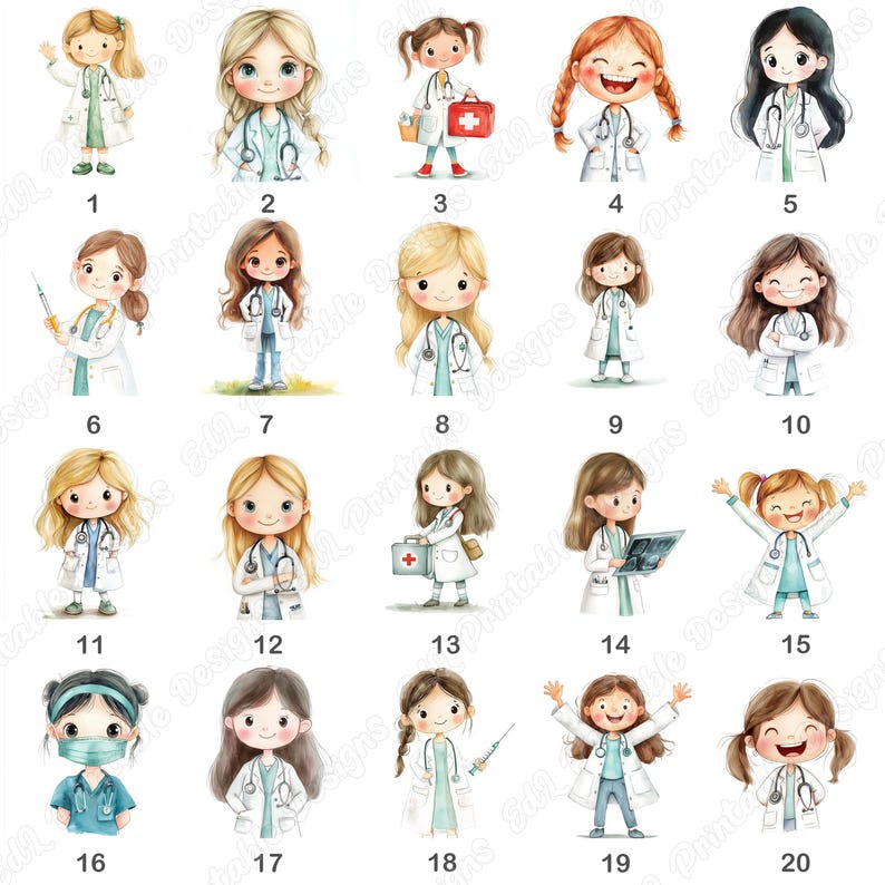 20 Cute Doctor Girl Clip Art, Doctor Kids Printable Images, Hospital Doctor Digital Download, Female Doctor Scrapbooking Paper Craft JPG Set