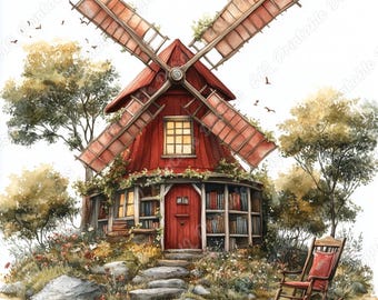 Imágenes prediseñadas de molinos de viento en acuarela, paquete de imágenes de paisajes para álbumes de recortes imprimibles (descarga digital)