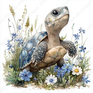 May include: Watercolor illustration of a turtle with a blue and tan shell, surrounded by blue wildflowers, daisies, and green foliage. The turtle has a detailed, textured appearance, with a serene expression. The artwork has a soft, natural aesthetic.