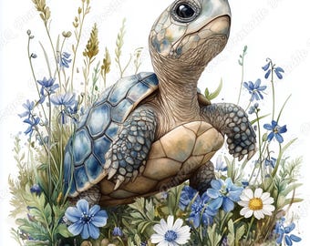 Watercolor Turtle Clipart, Printable Realistic Tortoise, Animal with Flowers, Floral Images (Digital Download)
