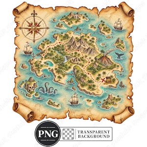 Vintage Treasure Map PNG Clipart, Watercolor Pirate Island Bundle (Digital Download)