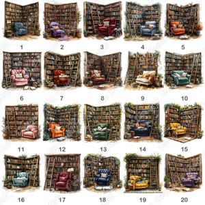 20 Cozy Reading Nook Clipart, Watercolor Bookshelf Printable Images, Book Lover Digital Download, Library Scene Scrapbooking Paper Craft JPG