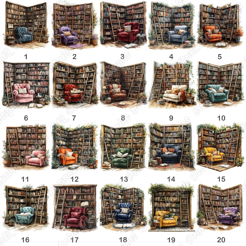 20 Cozy Reading Nook Clipart, Watercolor Bookshelf Printable Images, Book Lover Digital Download, Library Scene Scrapbooking Paper Craft JPG