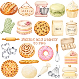 Baking and Bakery PNG Clipart, Printable Kitchen Tool Images, Kitchen Supplies Digital Download, Food Illustration Scrapbooking Paper Bundle