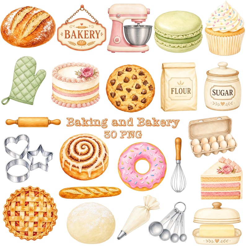 Baking and Bakery PNG Clipart, Printable Kitchen Tool Images, Kitchen Supplies Digital Download, Food Illustration Scrapbooking Paper Bundle