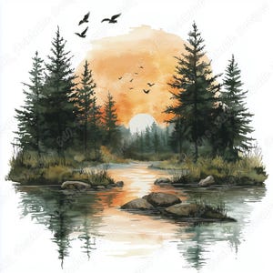 20 Lake Landscape Clip Art, Watercolor River View Printable Images, Forest Landscape Digital Download, Nature Scrapbooking Paper Crafts JPG