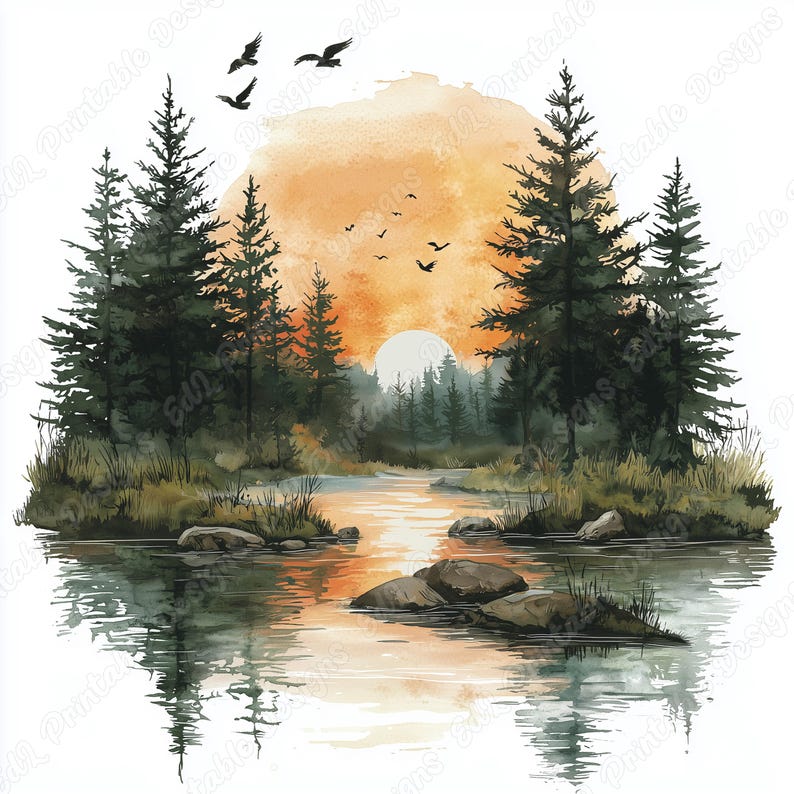20 Lake Landscape Clip Art, Watercolor River View Printable Images, Forest Landscape Digital Download, Nature Scrapbooking Paper Crafts JPG