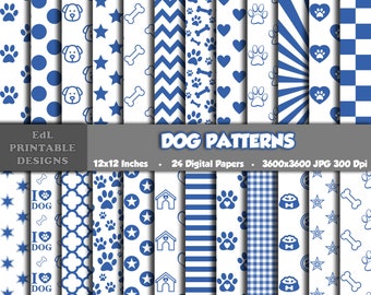 Blue and White Dog Digital Paper, Puppy Paw Prints (Digital Download)