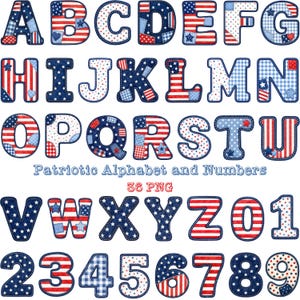 May include: A digital collection of letters A through Z and numbers 0 through 9 featuring a patriotic theme. Each character displays red, white, and blue patterns including stars, stripes, and gingham checks with a stitched border effect.