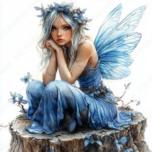Op de afbeelding: Een fee met lang lichtblauw haar en een bijpassende blauwe jurk zit op een boomstronk. Het figuur heeft grote doorschijnende blauwe vleugels, een bloemenkrans en blauwe bloemen aan de basis. Het personage rust de kin op de handen.