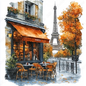 19 aquarel Parijs café-illustraties, afdrukbare afbeeldingen Eiffeltoren, Parijse café digitale download, Franse winkel scrapbooking papier ambachten JPG