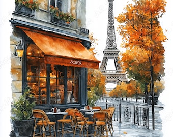 パリのカフェの水彩画クリップアートバンドル、エッフェル塔アート