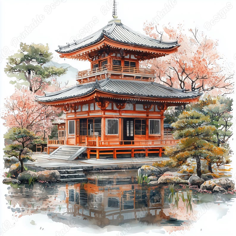 20 Japanese Temple Clip Art, Asian Architecture Printable Images, Digital Download, Watercolor Landscape Scrapbooking Paper Craft JPG Bundle