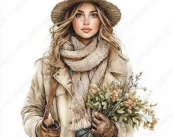 Imágenes prediseñadas de moda invernal para chicas, estilo acuarela (descarga digital JPG)