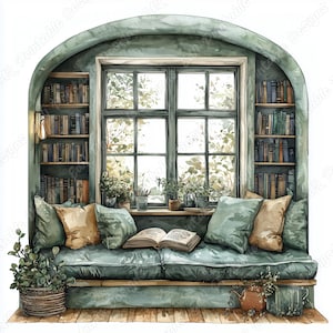 Watercolor Reading Nook Clip Art, Book Lover Scene (JPG Digital ...