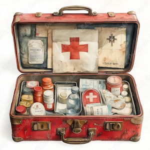 Vintage första hjälpen-kit clipart, medicinskt scrapbookpapper (digital nedladdning JPG-set 4096x4096px)
