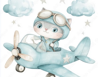 Watercolor Pilot Kitten Clipart, Printable Aviator Cat, Paper Craft JPG Images (Digital Download)
